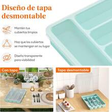 Caja de Organizador de Cuberteros Con Tapa, Bandeja Utensilios de Plástico para Cajon Cocina Encimera, Caso de almacenamiento para Cuchillo/Cuchara/Tenedor/Vajilla, 5 compartimentos, Turquesa - Gris - Ver 11