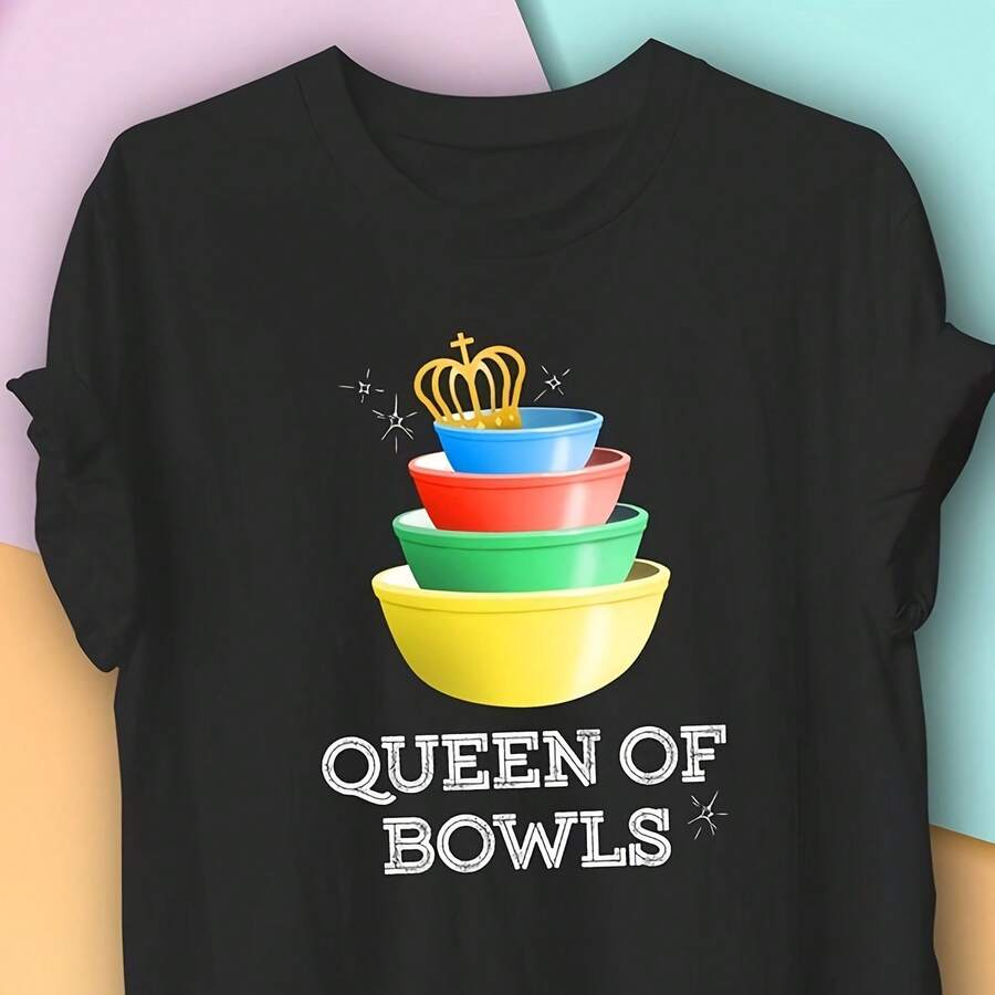 Vintage Pyrex Primary Queen Of Bowls, Vintage Kitchen Collection, Primary Bowls, Pyrex Primaries, Rockabilly___220g High-Quality Pure Cotton T-Shirt With Minimalist Printing, Soft And Breathable Fabric, Comfortable And Loose, Suitable For All Day Wear, Suitable For Office Casual Wear, Spring And Summer Daily Appearance, Elegant And Youthful Design - Black - View 1