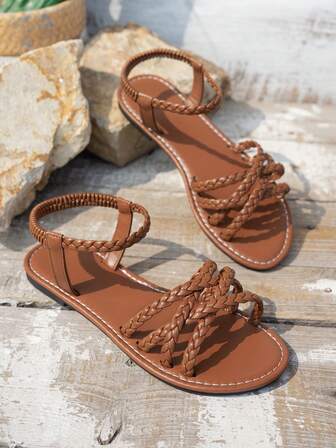 Black Casual PU Leather Criss-Cross Strap Flat Sandals, Suitable For Beach, Vacation, Home Wear In Summer