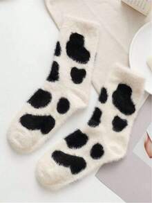 2 Pairs Of Cute Cow Patterned Plush Round Neck Fluffy Socks, Thick And Warm Coral Fleece Socks, Fluffy Socks, Soft And Comfortable, Suitable For Daily Wear, Christmas, Winter Home Warmth, Cozy - Multicolor - View 8