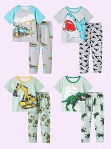 BrownBark 4 Sets, 8 pièces - Ensemble de pyjama décontracté d'été pour jeune garçon avec imprimés de dinosaures, de requins, de pelleteuses. Top à manches courtes et pantalon. Tenue d'intérieur d'été confortable pour garçons