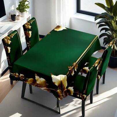 1/4/6pcs Dark Green Elegant Solid Chair Cover With Golden Patterns / Chair Cover Set, Suitable For Indoor Home Restaurant, Hotel Modern Daily Decoration. Tablecloth Suitable For Square Tables, Elastic Chair Covers Can Be Washed