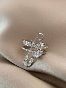 1 件简约风格水钻回形针花朵设计戒指，闪亮指环适合女性日常佩戴、婚礼、度假、派对、礼物 - 金色迴紋針 - 查看 3