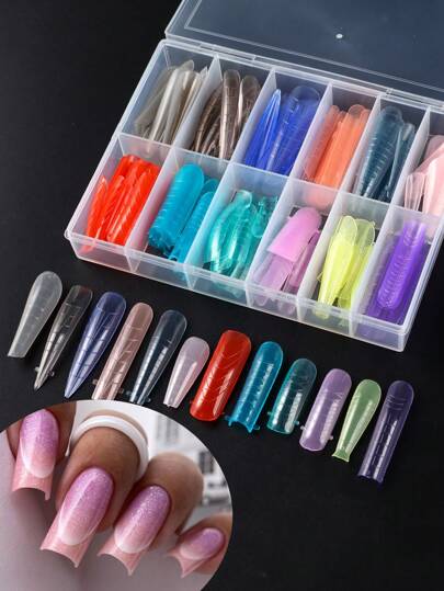 FULL BEAUTY 144 buc/cutie, forme de extensie pentru unghii false, colorate, transparente, lungi, în formă de sicriu/oval, cu acoperire completă, pentru unghii acrilice cu gel UV poli, include 12 dimensiuni, vârfuri la scară și în formă de U pentru extensii, vârfuri de unghii false artificiale DIY