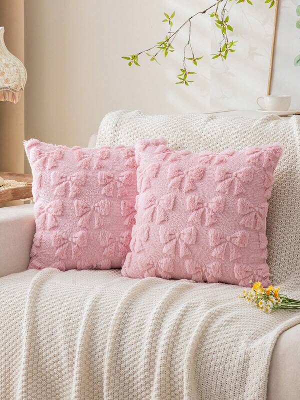1/2pcs Pink Bow Plush Throw Pillow Cover, 18"X18", Cute, Luxurious, Soft, 100% Polyester, Zipper Closure, Modern Style, Suitable For Sofa, Living Room, Bedroom Decor