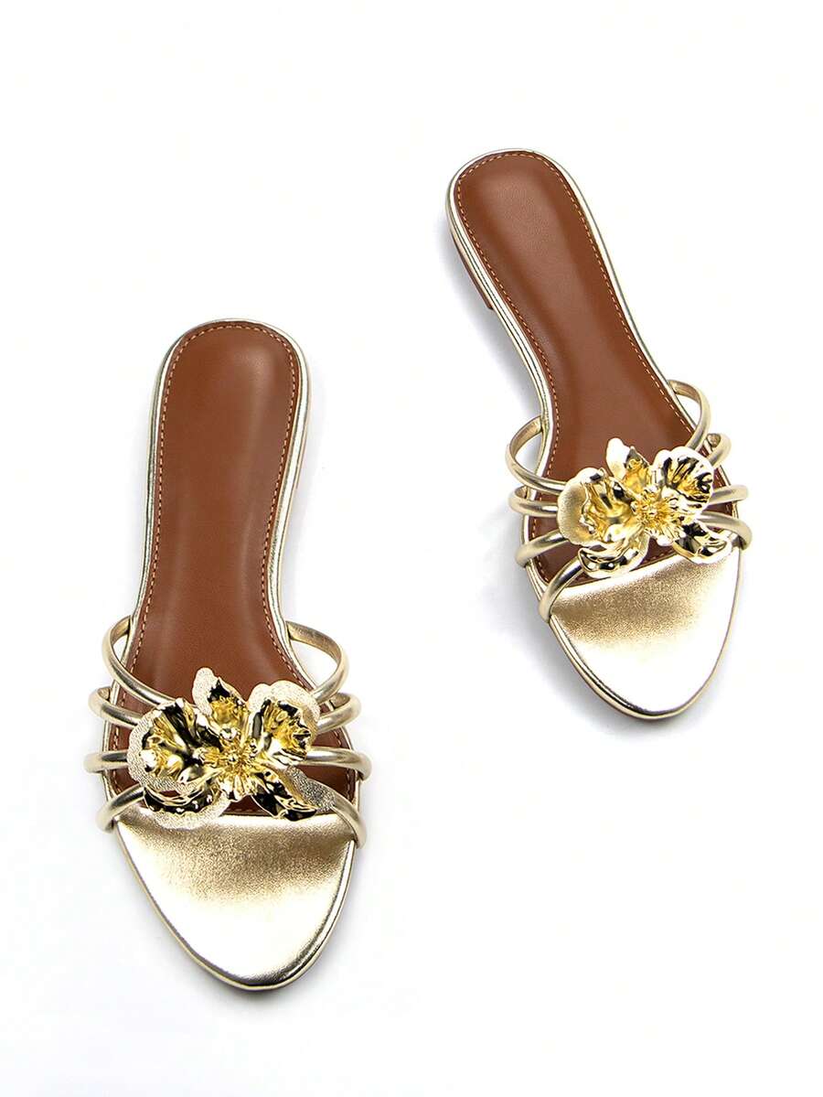 Giày bệt nữ thanh lịch màu vàng kim đính hoa, quai ngang, mũi tròn, thoải mái, thích hợp mang hàng ngày và dự tiệc, phối hợp với trang phục mùa xuân hè. - Vàng - Xem 1