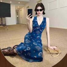 Abito midi attillato e alla moda con stampa di sole e luna, in tessuto a maglia da 120g