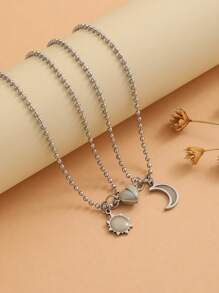 ATLVXJL 2 pièces/Set Couple Lune et Soleil Phosphorescent Pendentif Magnétique Chaîne en Acier Inoxydable avec Perles, Convient pour le Port Quotidien et Cadeau de la Saint-Valentin