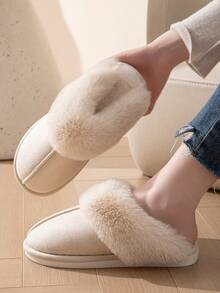 Women's New Simple Fashion Solid Color Home Slippers, Flat Non-Slip, Unisex Faux Rabbit Fur Slippers For Men And Women - Beige - View 8