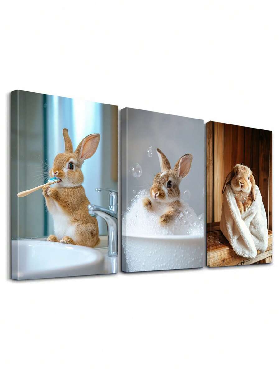 Set Of 3 Cute Rabbit Poster, Bathroom Fun Modern Artwork, Bubble Bath Canvas Print Wall Arts, Cozy Towel Posters, Mirror Reflection Wall Decor, Playful Pet Wall Arts, Poster, Room Aesthetic, Ideal Gift, Optional Framed ,Wall Art With Frame