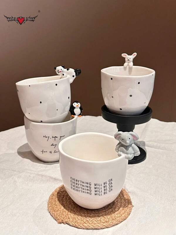 Cute Glazed 3D Cat Coffee Mug With Handle, Rabbit Climbing Ceramic Cup, Elephant Ceramic Mug, Penguin Latte Art Cup