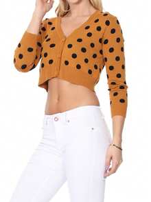 Women's 3/4 Sleeve V-Neck Polka Dot Cropped Bolero Sweater Cardigan YEMAK - 駝色/黑色 - 查看 3