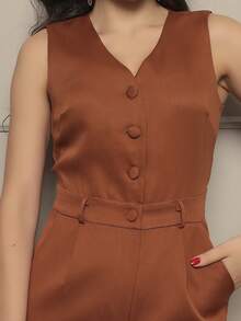 Women's Tailored Jumpsuit Simple Elegant Button Pocket - 棕色 - 查看 6