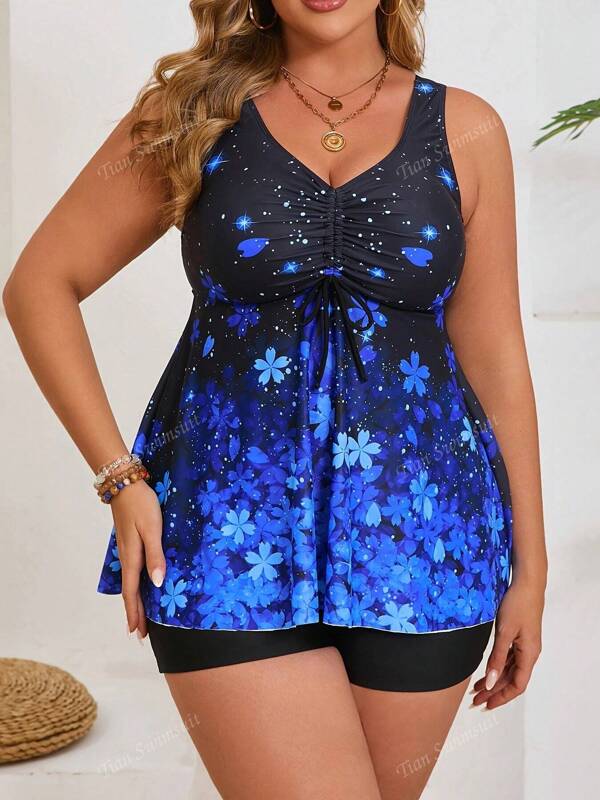 New Plus Size High Waisted Printed Bikini Swimsuit For Women, Starry Sky Design, Beach Wear