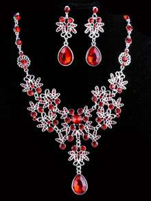 1pc Red Teardrop Necklace & 1 Pair Matching Earrings Set For Bride - Red - View 6