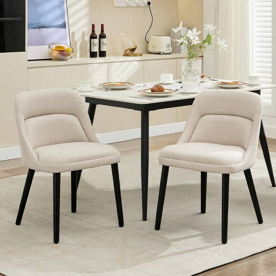 Upholstered Dining Chairs Set Of 2/4/6,Modern Fabric Kitchen Side Chairs With Thick Cushions And Wood Legs,Comfy Dining Room Chairs With Curved Backrest For Restaurant/Cafe - 米色-2個 - 查看 1