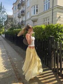 HZXVIC 女士新款高腰宽松优雅春裙 - 黃色 - 查看 5