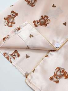 Conjunto de pijama de short y blusa de manga corta de tela oxford con estampado de osos para mujer - Rosa coral - Ver 9