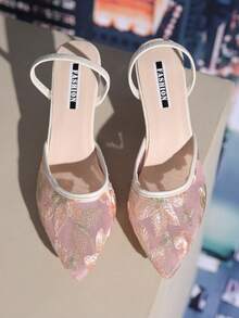 2025秋冬新款中国风白色高跟穆勒鞋，女士尖头蕾丝刺绣一脚蹬凉鞋，优雅，女士高跟鞋，优雅，派对装扮，婚礼装扮 - 粉色 - 查看 2