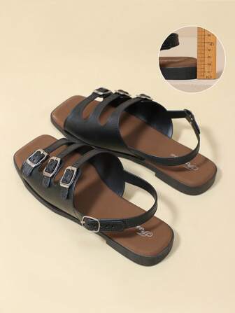 女士休闲扣环方头平底沙滩凉鞋，复古韩版时尚系带凉鞋，2025 年夏季新款