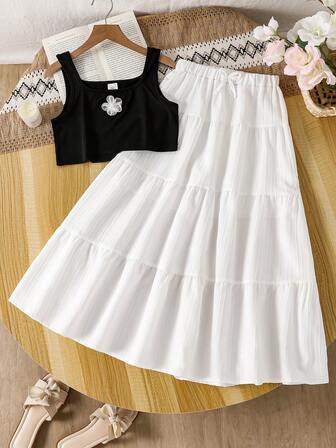 优雅简约 3D 花朵吊带背心和迷你裙 2 件套，适合女孩，夏季