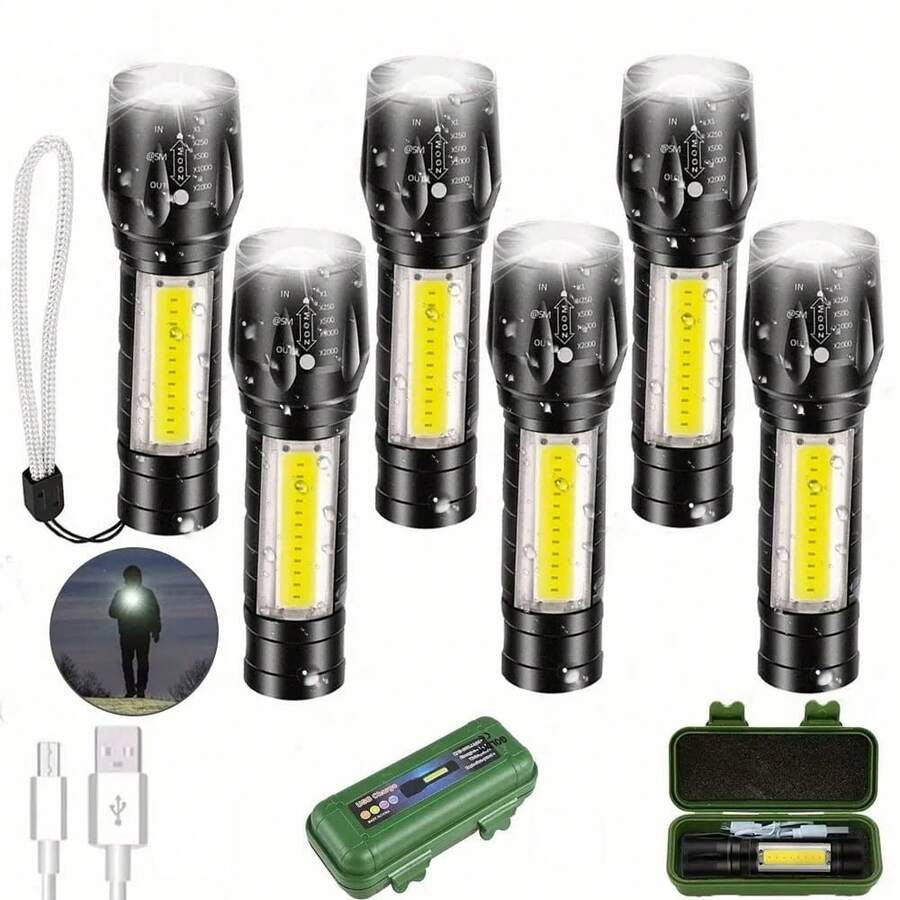 Rechargeable LED Flashlight 10 Pack, Tactical Flashlight With XPE+COB Light, Portable LED Flashlight With 5 Light Modes, Hiking, Running, Emergency Use In Power Outages - Black - View 1