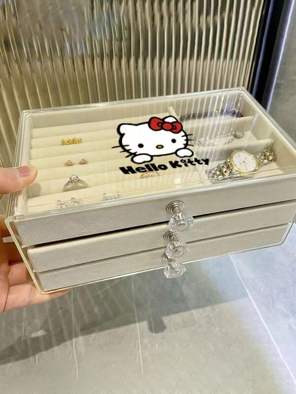 Sanrio 1pc Sanrio Hello Kitty Design 3-Drawer Acrylic Jewelry Storage Box, For Organizing Rings, Earrings, Necklaces, Bracelets - Stackable Display Box For Women For Women Storage Organizer Travel Essentials Back To School Dormitory Storage
