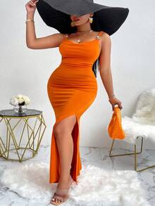 BIUBIU 女式加大码夏季垂坠领时尚前开衩吊带优雅贴臀修身连衣裙 - 查看 5