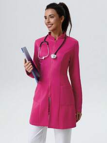 Solid Color Long Sleeve Casual Zipper Front Pocket Laboratory Jacket Lab Coat - Rose Red - View 7