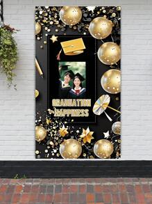 1pc Customizable Photo Backdrop, Black & Gold Graduation Season College Graduation Party Decoration For Entrance, Porch Background
