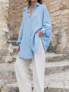 Chemise longue ample de couleur unie à manches longues pour femmes, peut être portée comme robe, cardigan ou blouse pour la Saint-Valentin