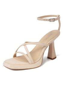 Elegant Platform High Heel Sandals For Women Summer Square Toe Chunky Heel,  Fashion Ankle Strap Beige Heels Soft Leather Comfortable Versatile High Heels, Increase Height & Leg Length, Solid Color Casual Comfortable Women Shoes For Party Wedding Date - 絨面米色 - 查看 10