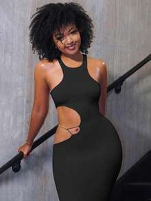 女式性感 Y2K 复古返校纯色镂空修身长裙