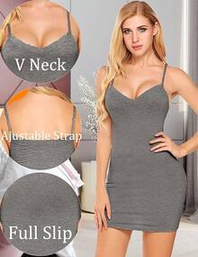 Women's Full Slip Under Dress Adjustable Spaghetti Strap Camisole Dress Knee Length Slips Nightwear - Dark Grey - View 2