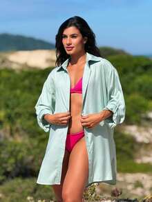 Plain Chemise Shirt Beach Cover-Up - Light Green - View 3