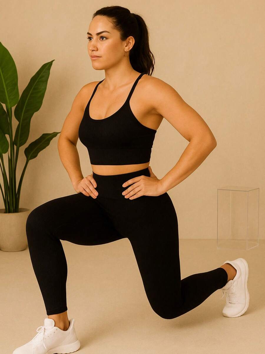 Fitness Leggings In Ribbed Knit – High Waist, Seamless And With High Elasticity Lifts Bum Bum - 黑色 - 查看 1