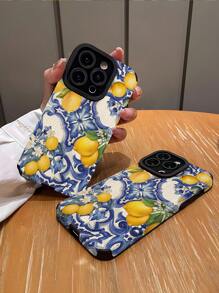 1 件复古蓝色花卉和柠檬印花条纹仿皮防震软手机壳适用于 Apple 和 15/15PLUS/15PRO/15PROMAX 防水防摔防刮