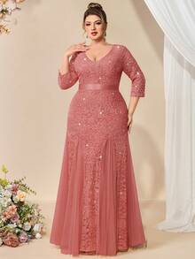 Plus Size Deep V-Neck Sequin Floral Lace Contrast Mesh Mermaid Hem Evening Party Formal Maxi Dress - Dusty Pink - View 11