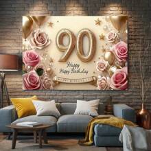 1 faixa para festa de 90 anos - fundo elegante de poliéster dourado e rosa com rosa, estrela e design de "Feliz Aniversário", adequado para decoração de casa e parede, decoração de festa de aniversário, volta às aulas, material escolar