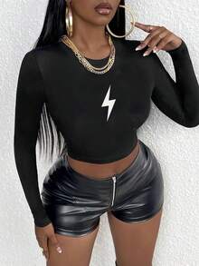 White Lightning Bolt Symbol Women's Fashion Long Sleeve Shirt - Black - View 1