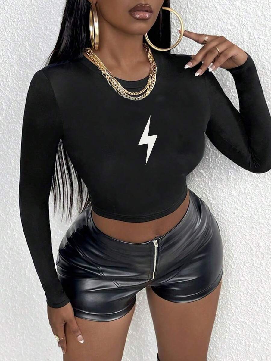 White Lightning Bolt Symbol Women's Fashion Long Sleeve Shirt - Black - View 1