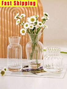 1pc Retro Striped Glass Vase, Simple Clear Glass Flower Vase With Flower Bud Decor, Home Desktop Decoration Flower Arrangement Vase Ornament For Flower Care,Room Decor Home Decor Bedroom Decor Bathroom Decor Wedding Living Room Decor Room Decoration Stuff Wedding Decor
