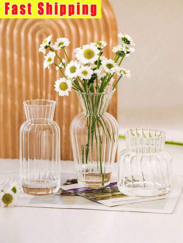 1pc Retro Striped Glass Vase, Simple Clear Glass Flower Vase With Flower Bud Decor, Home Desktop Decoration Flower Arrangement Vase Ornament For Flower Care,Room Decor Home Decor Bedroom Decor Bathroom Decor Wedding Living Room Decor Room Decoration Stuff Wedding Decor