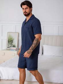 2pcs/Set Men's Plaid Allover Print Short Sleeve Shirt And Shorts Pajama Set