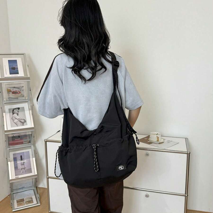 Korean Minimalist Chic, Large Capacity Multi-Functional Nylon Tote Crossbody Bag - Black - View 1