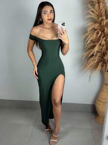 Sexy Off-The-Shoulder Long Fitted Dress With Side Slit - Army Green - View 1