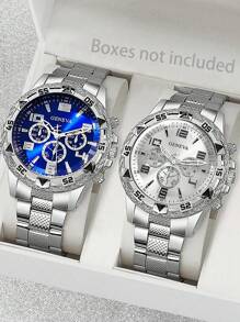2 pièces Montre à quartz argent élégante de style d'affaires en acier inoxydable pour hommes, convient pour la décoration de fête, les déplacements décontractés