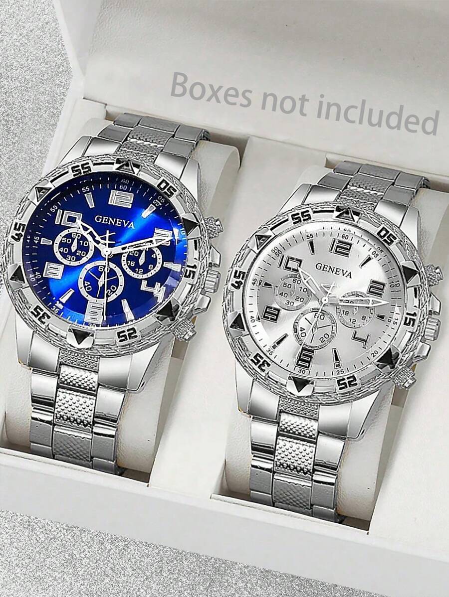 2 pièces Montre à quartz argent élégante de style d'affaires en acier inoxydable pour hommes, convient pour la décoration de fête, les déplacements décontractés