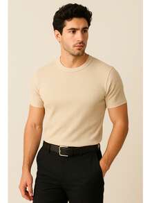 Men's Casual T-Shirt Slim Fit Basic Social Fashion - 米色 - 查看 3