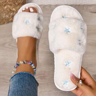 Women's Home Slippers With Embroidered Bow, Indoor Fabric Slippers For All Seasons, Flat Strap Ladies Slippers, House Floor Slippers, Women Slippers